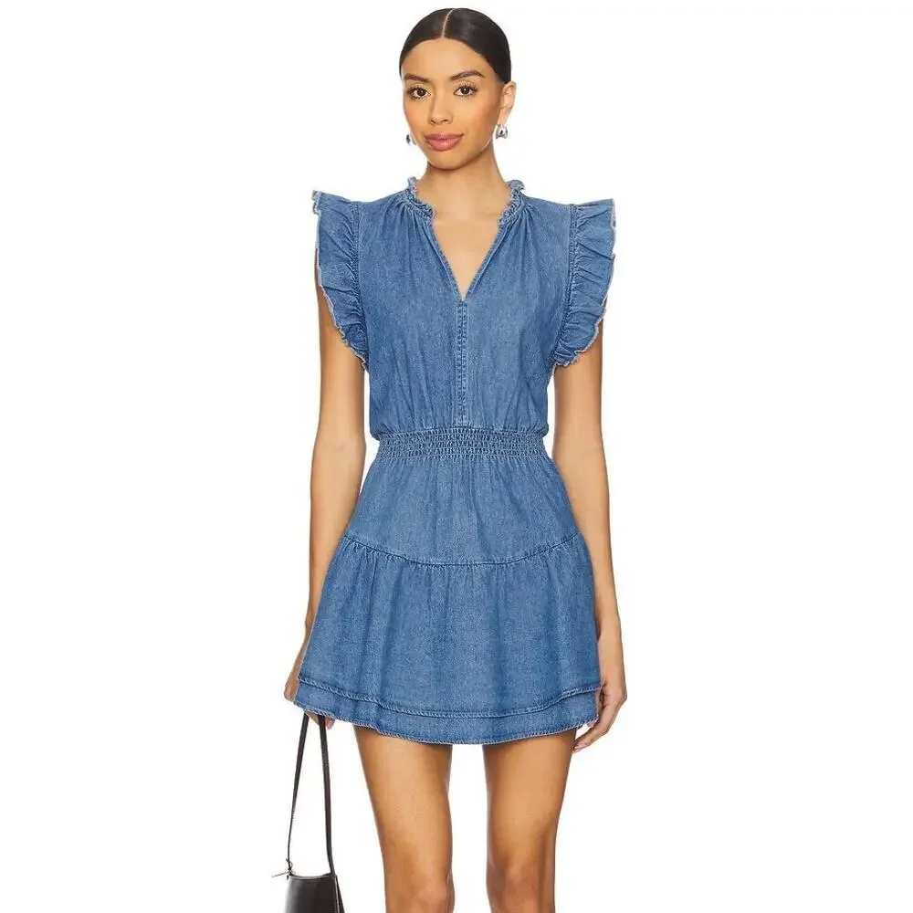 Steve Madden Prairie Dreams Chambray Blue Western Smocked Dress Size Large New - Picture 1 of 14